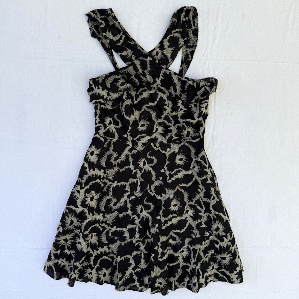 Banana Republic‎ Black & Cream Floral Ruffle Strap Dress Women Sz 12 Resort Boho